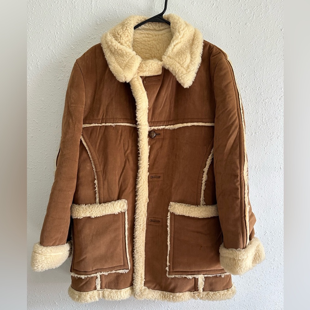 Brown faux Shearling Coat with Cream Accents